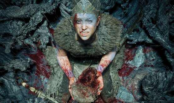 The player-character, Senua, in the game Hellblade (screenshot).