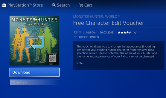 Monster Hunter World character edit Voucher