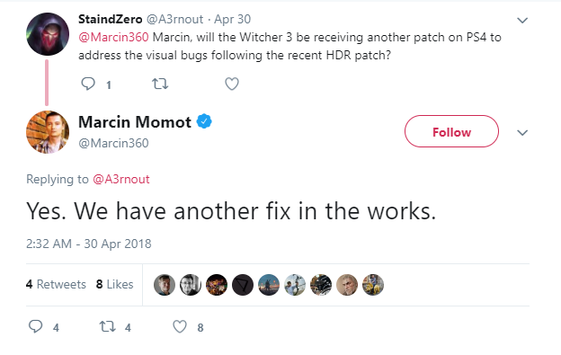 witcher 3 hdr support bug tweet