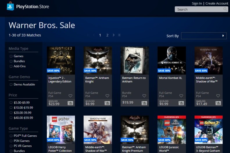 WB Games Publisher Sale On PSN