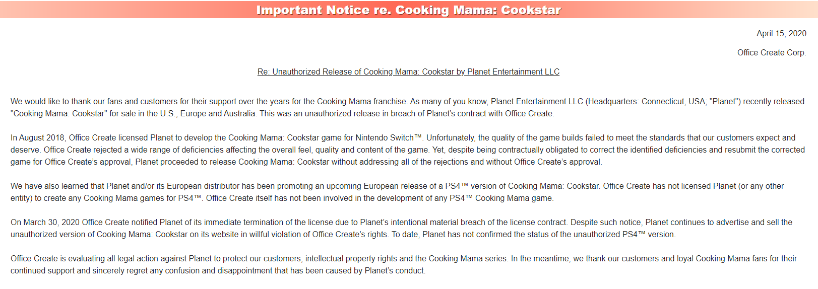 cooking mama lawsuit