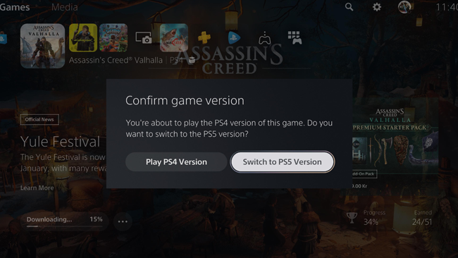 PS5 game version prompt notification update ps4 version