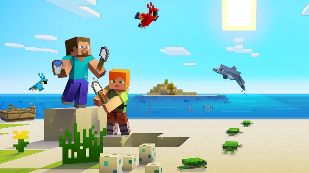 Minecraft: Alex and Steve playing on a beach.