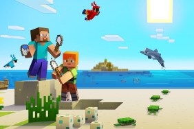 Minecraft: Alex and Steve playing on a beach.