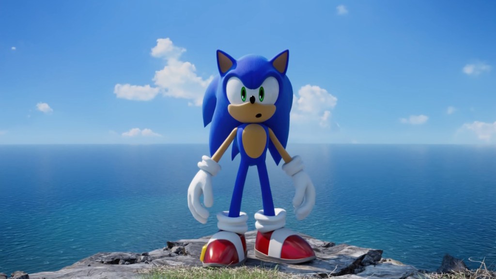 Screenshot from Sonic Frontiers showing a shocked Sonic.