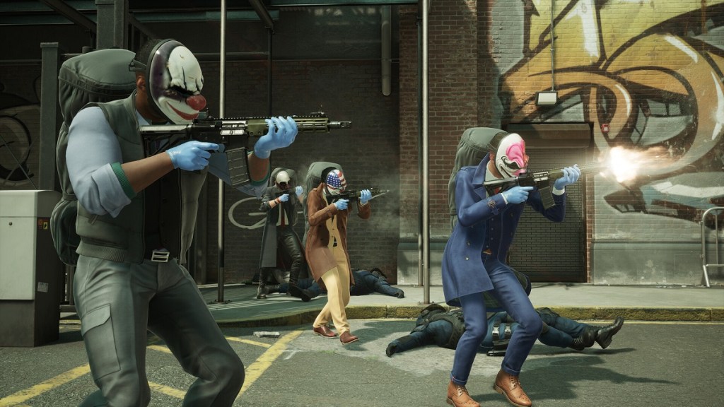 Payday 3: Bank robbers wearing masks and firing assault rifles off-screen.