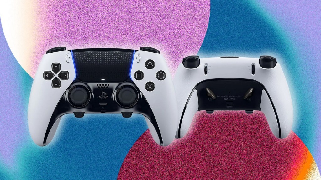 Two PS5 Dualshock controllers on a colorful background.