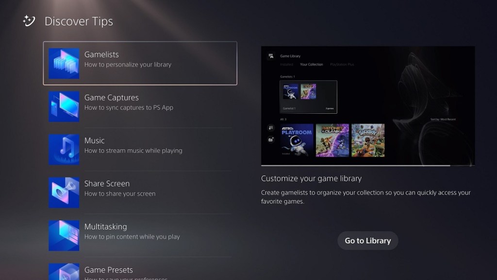 Screenshot from the PS5 UI showing the tips screen.