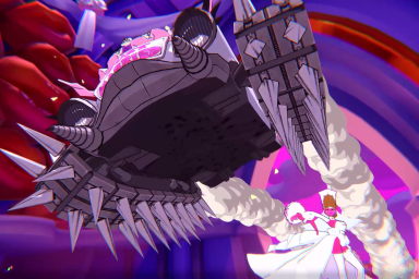 Persona 5 Tactica: a tank with very spiky treads on a purple background.