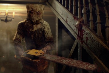 Resident Evil 4 Remake: Chainsaw Man, AKA Dr. Salvador, revving up his chainsaw.