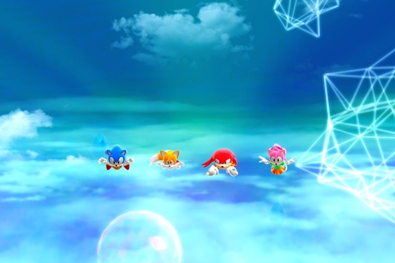 Sonic Superstars: Sonic, Tails, Knuckles, and Amy flying through a blue sky.