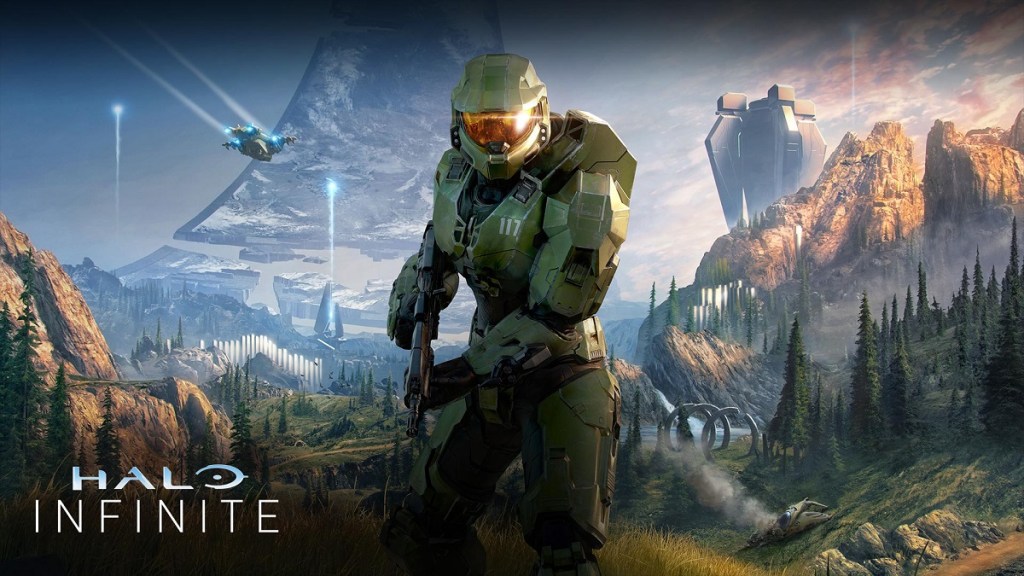 Halo Infinite: master Chief stood in a large valley with a spaceship flying in the distance.